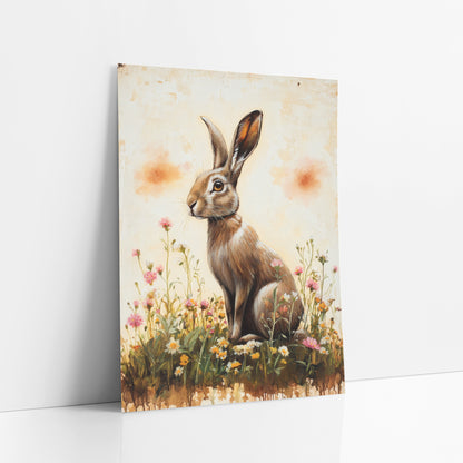 Hare Facing Left Pink Meadow Farmhouse art print leaning against a white wall – brown hare sitting upright among pink