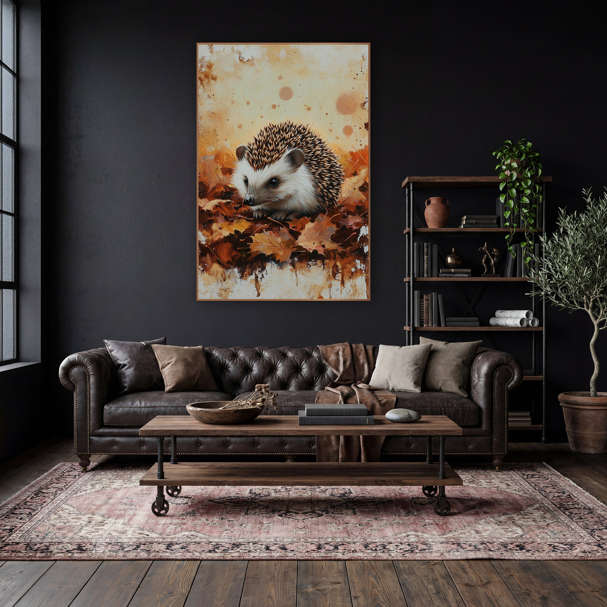 Autumn Hedgehog Leaf Woodland wall art in a moody dark academia room – hedgehog resting on rust and amber autumn