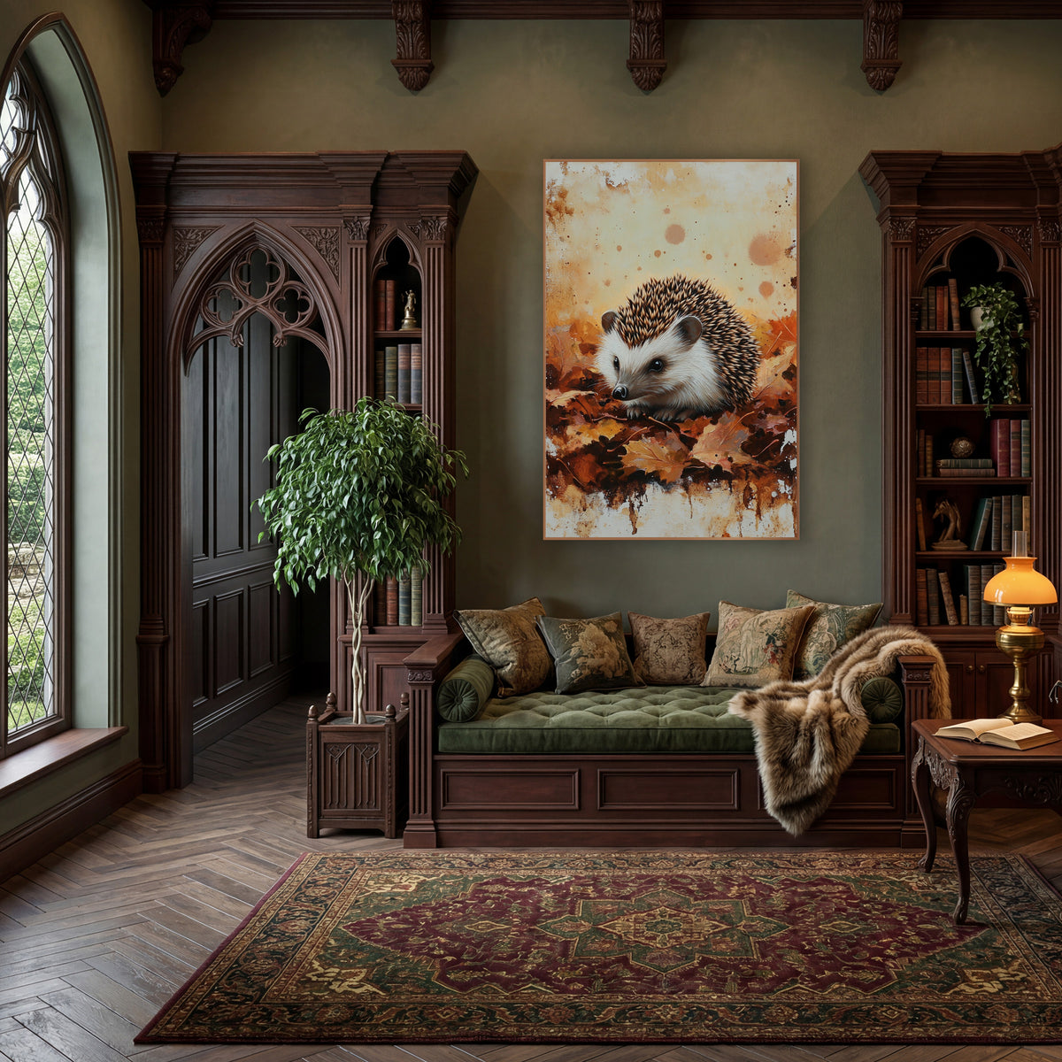 Autumn Hedgehog Leaf Woodland wall art in a moody dark academia room – hedgehog resting on rust and amber autumn