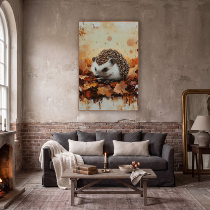 Autumn Hedgehog Leaf Woodland wall art in a moody dark academia room – hedgehog resting on rust and amber autumn