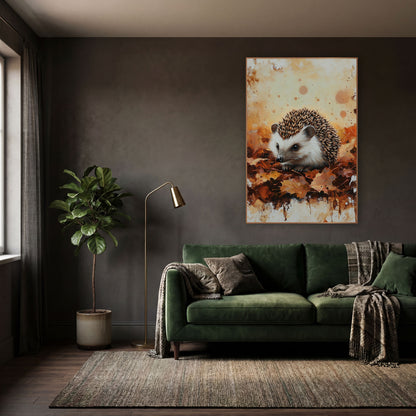 Autumn Hedgehog Leaf Woodland wall art in a moody dark academia room – hedgehog resting on rust and amber autumn