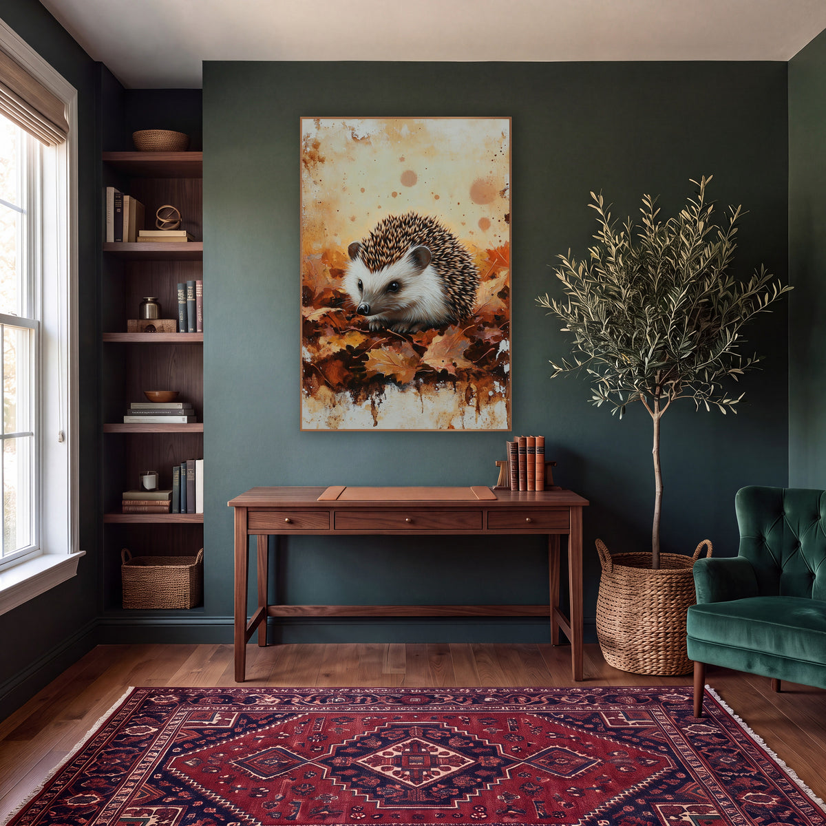 Autumn Hedgehog Leaf Woodland wall art in a moody dark academia room – hedgehog resting on rust and amber autumn