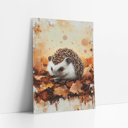 Autumn Hedgehog Leaf Woodland art print leaning against a white wall – hedgehog resting on rust and amber autumn leaves