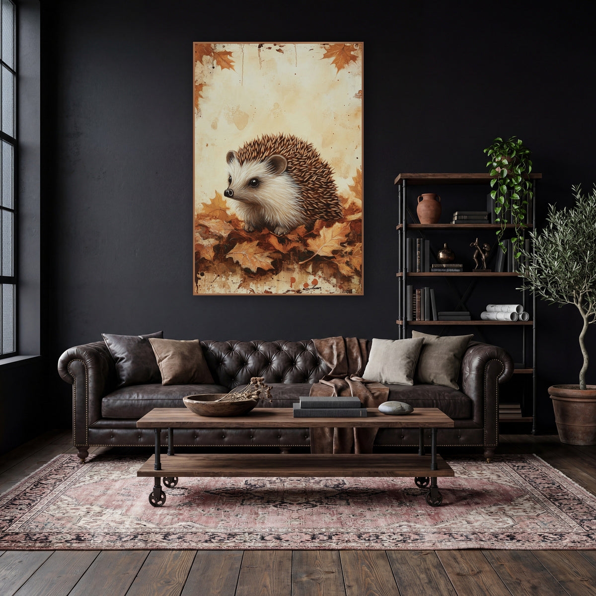 Hedgehog Facing Left Rustic wall art in a moody dark academia room – hedgehog with brown spines and cream face