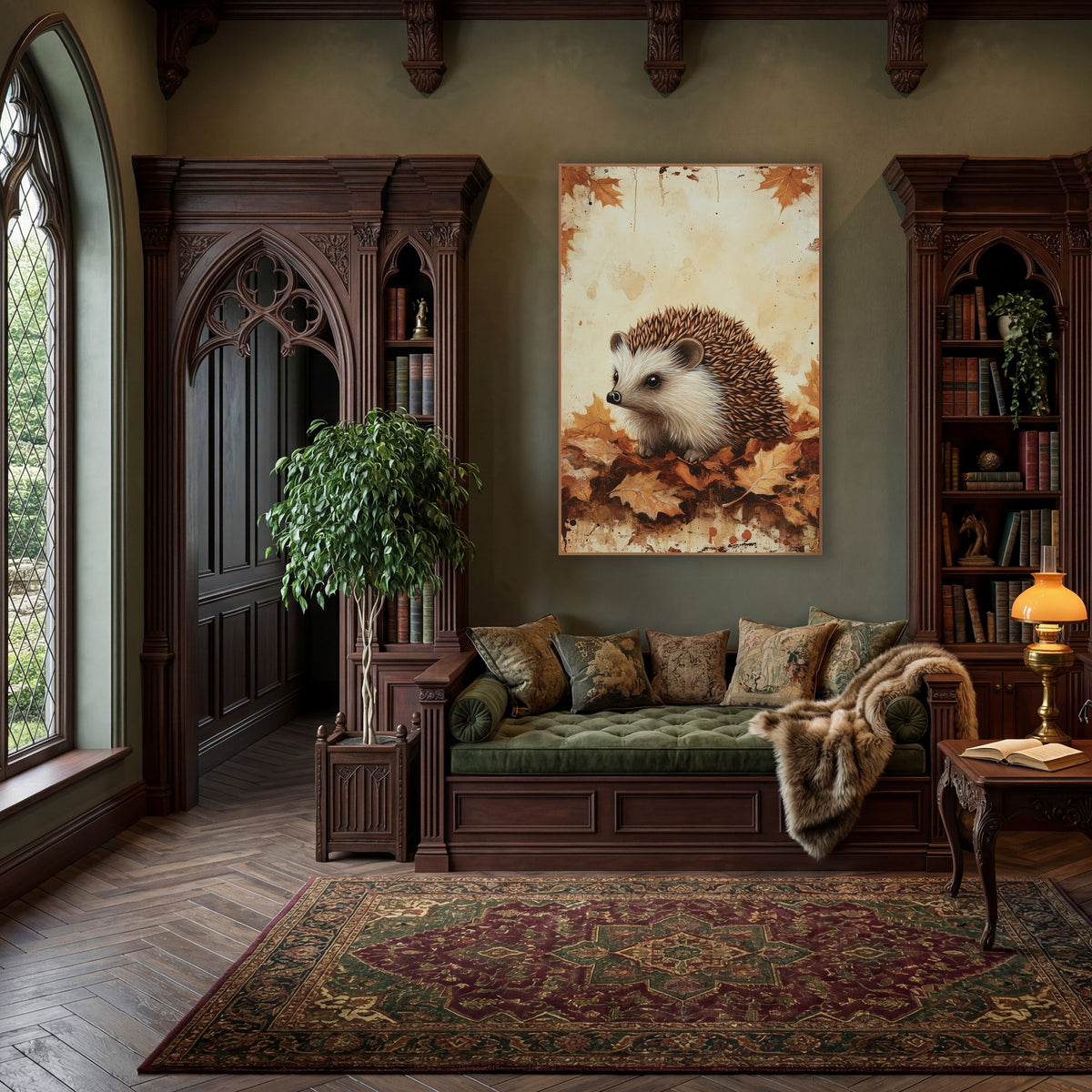 Hedgehog Facing Left Rustic wall art in a moody dark academia room – hedgehog with brown spines and cream face