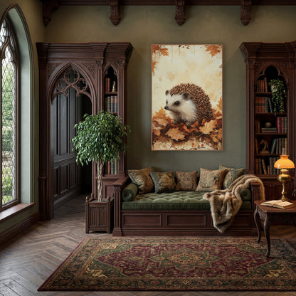 Hedgehog Facing Left Rustic wall art in a moody dark academia room – hedgehog with brown spines and cream face