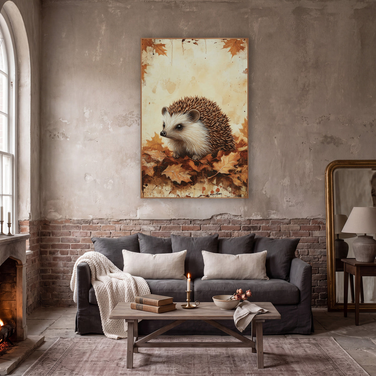 Hedgehog Facing Left Rustic wall art in a moody dark academia room – hedgehog with brown spines and cream face