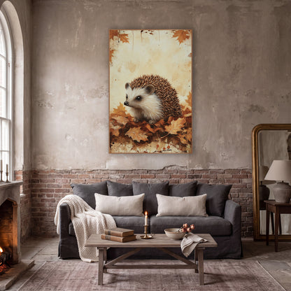 Hedgehog Facing Left Rustic wall art in a moody dark academia room – hedgehog with brown spines and cream face