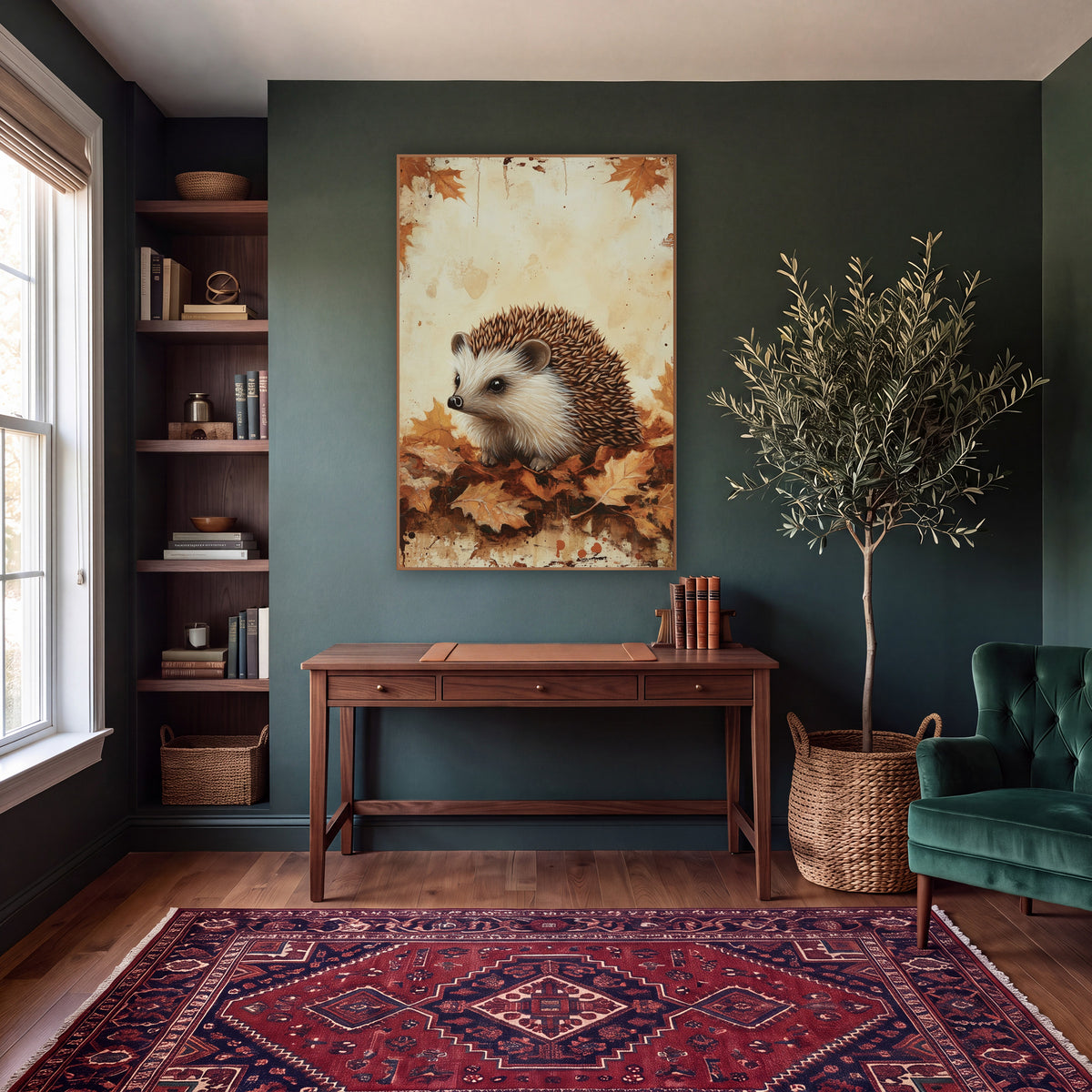 Hedgehog Facing Left Rustic wall art in a moody dark academia room – hedgehog with brown spines and cream face