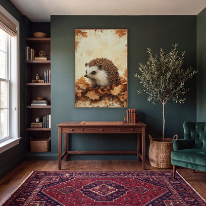 Hedgehog Facing Left Rustic wall art in a moody dark academia room – hedgehog with brown spines and cream face