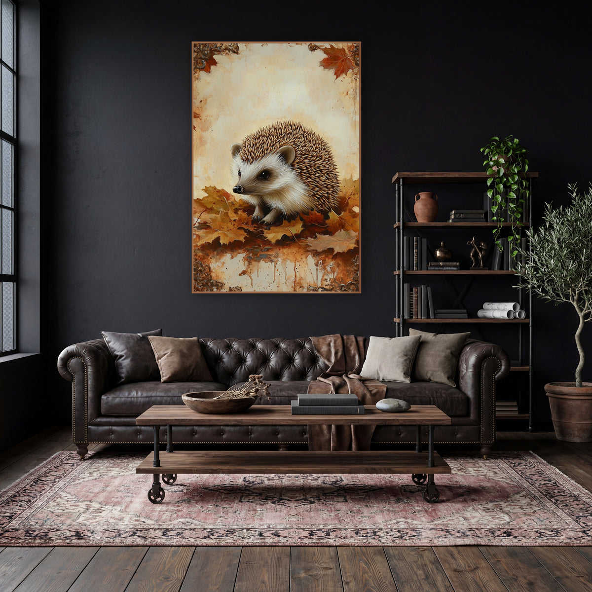 Hedgehog Ornate Border Vintage wall art in a moody dark academia room – hedgehog sitting on orange and gold autumn