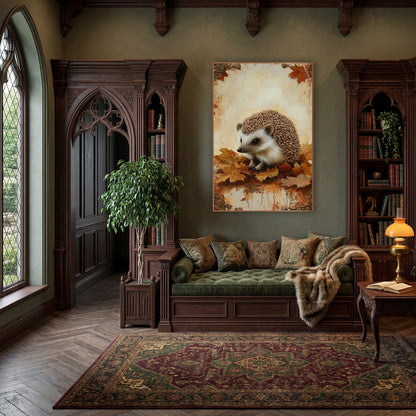 Hedgehog Ornate Border Vintage wall art in a moody dark academia room – hedgehog sitting on orange and gold autumn