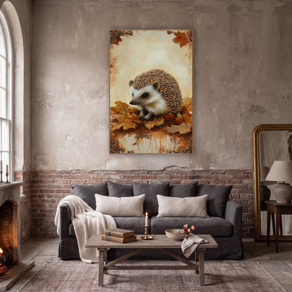 Hedgehog Ornate Border Vintage wall art in a moody dark academia room – hedgehog sitting on orange and gold autumn