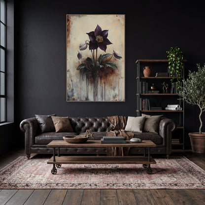 Drooping Hellebore Buds Rustic wall art in a moody dark academia room – deep plum hellebore flower with golden center