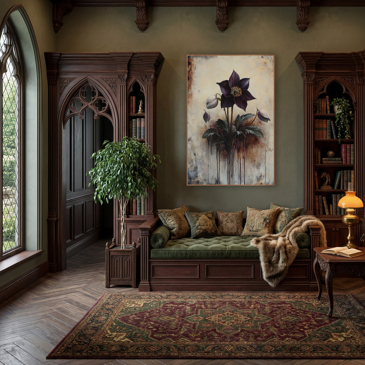 Drooping Hellebore Buds Rustic wall art in a moody dark academia room – deep plum hellebore flower with golden center