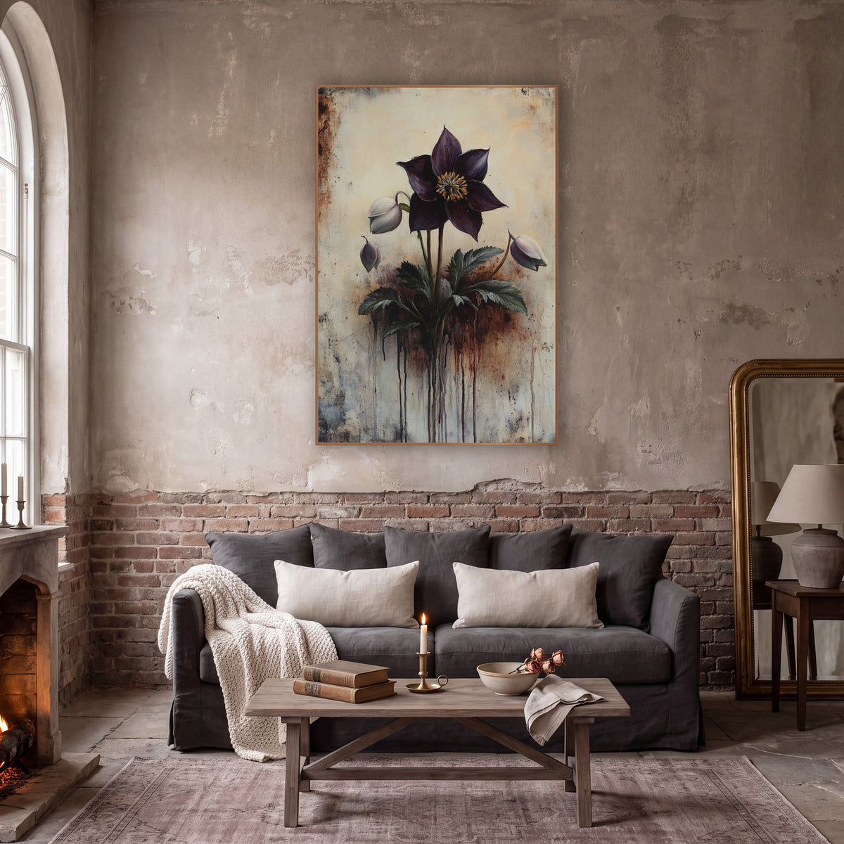 Drooping Hellebore Buds Rustic wall art in a moody dark academia room – deep plum hellebore flower with golden center