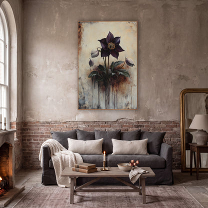 Drooping Hellebore Buds Rustic wall art in a moody dark academia room – deep plum hellebore flower with golden center