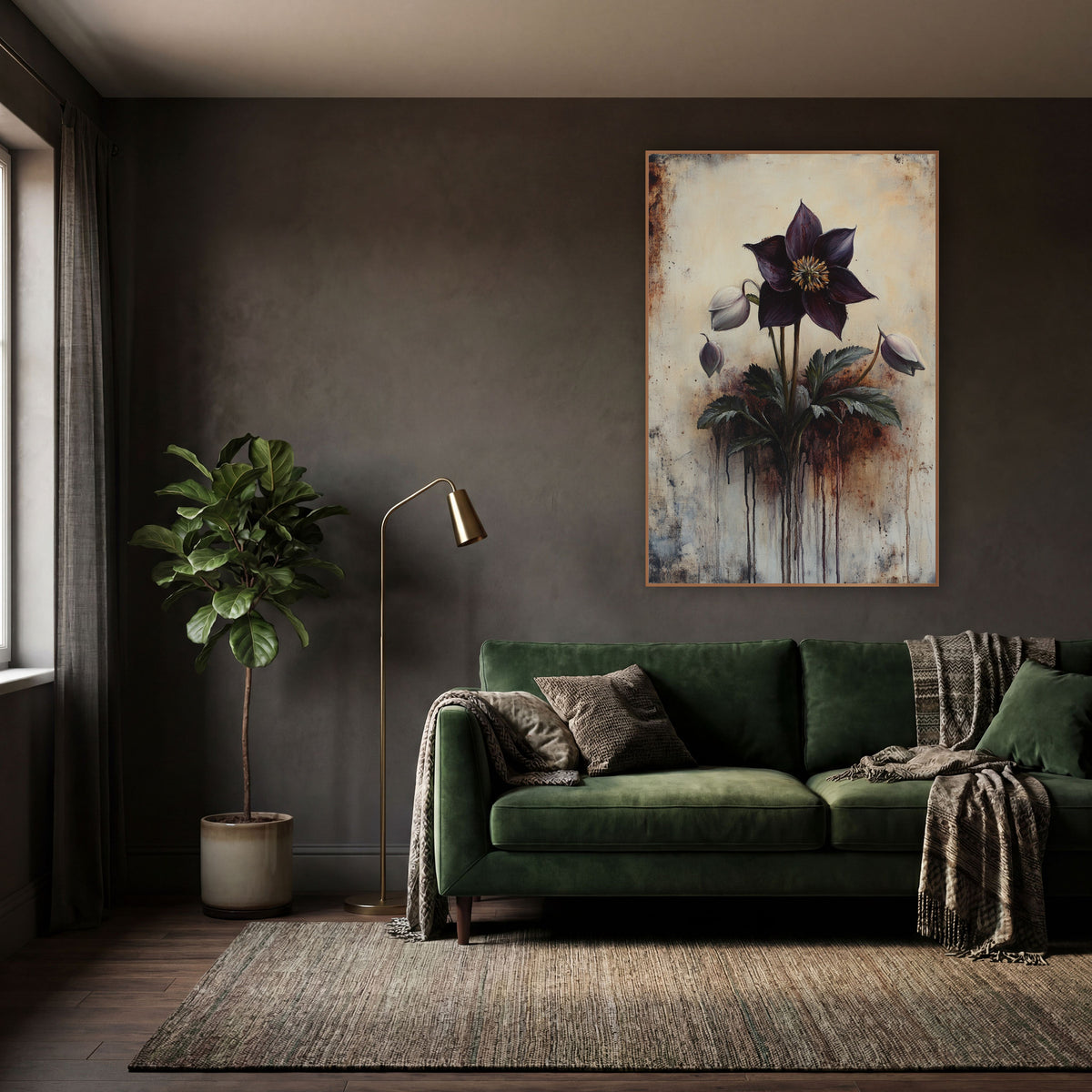 Drooping Hellebore Buds Rustic wall art in a moody dark academia room – deep plum hellebore flower with golden center