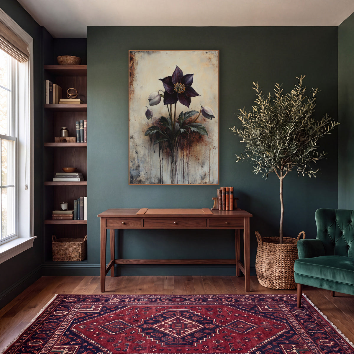 Drooping Hellebore Buds Rustic wall art in a moody dark academia room – deep plum hellebore flower with golden center