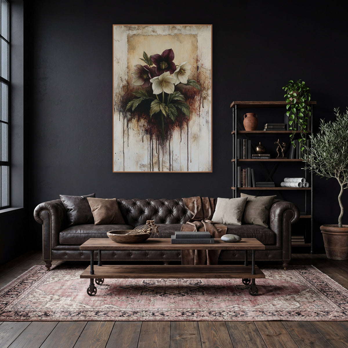Burgundy Hellebore Dripping Botanical wall art in a moody dark academia room – burgundy and cream hellebore flowers