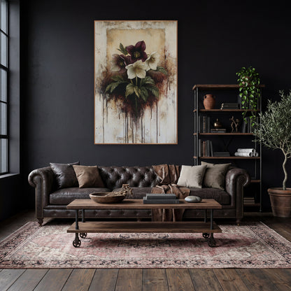 Burgundy Hellebore Dripping Botanical wall art in a moody dark academia room – burgundy and cream hellebore flowers