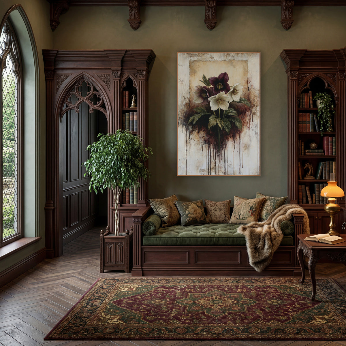 Burgundy Hellebore Dripping Botanical wall art in a moody dark academia room – burgundy and cream hellebore flowers
