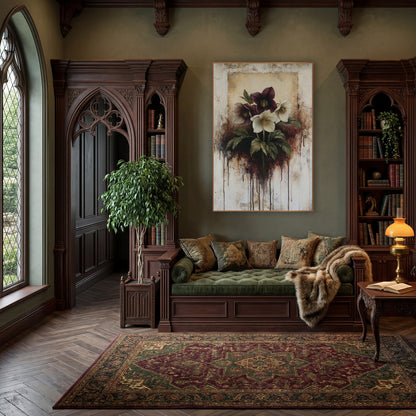 Burgundy Hellebore Dripping Botanical wall art in a moody dark academia room – burgundy and cream hellebore flowers