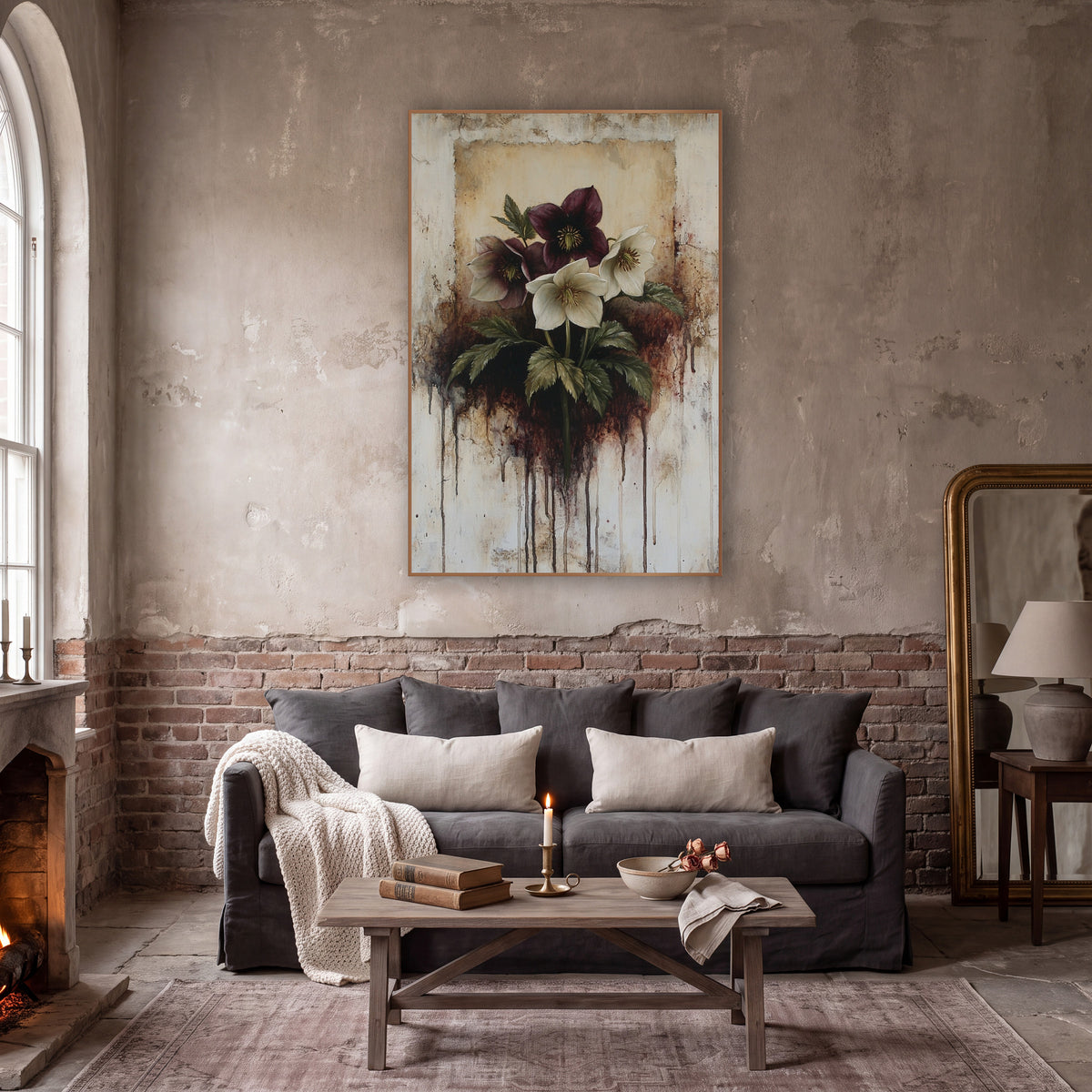 Burgundy Hellebore Dripping Botanical wall art in a moody dark academia room – burgundy and cream hellebore flowers
