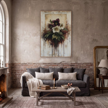 Burgundy Hellebore Dripping Botanical wall art in a moody dark academia room – burgundy and cream hellebore flowers