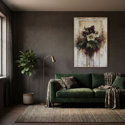 Burgundy Hellebore Dripping Botanical wall art in a moody dark academia room – burgundy and cream hellebore flowers