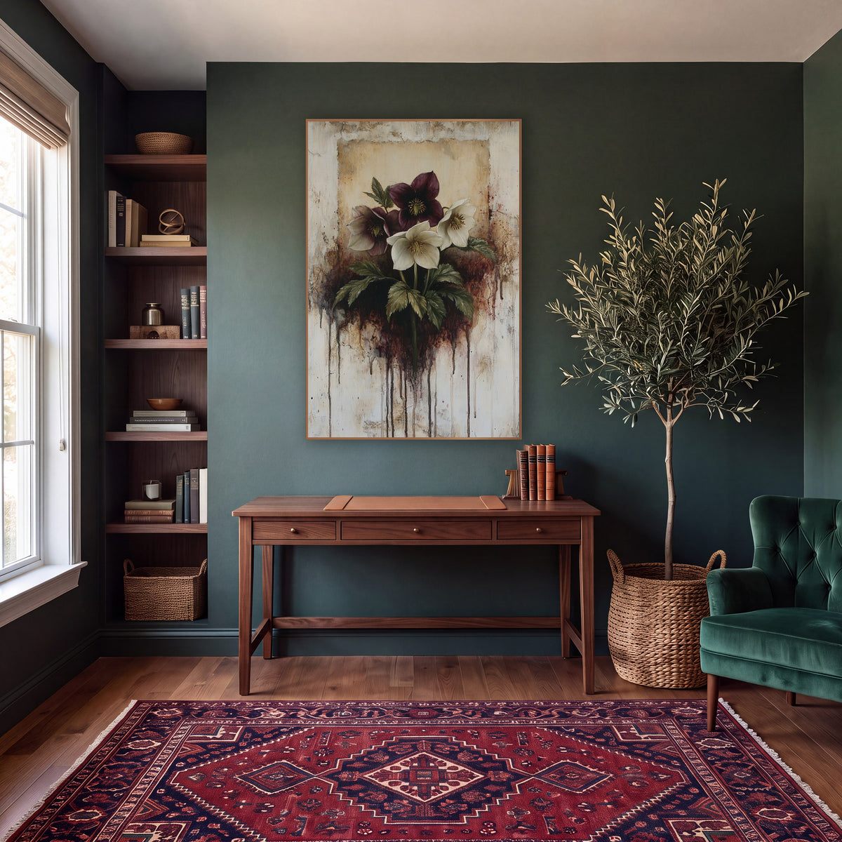 Burgundy Hellebore Dripping Botanical wall art in a moody dark academia room – burgundy and cream hellebore flowers