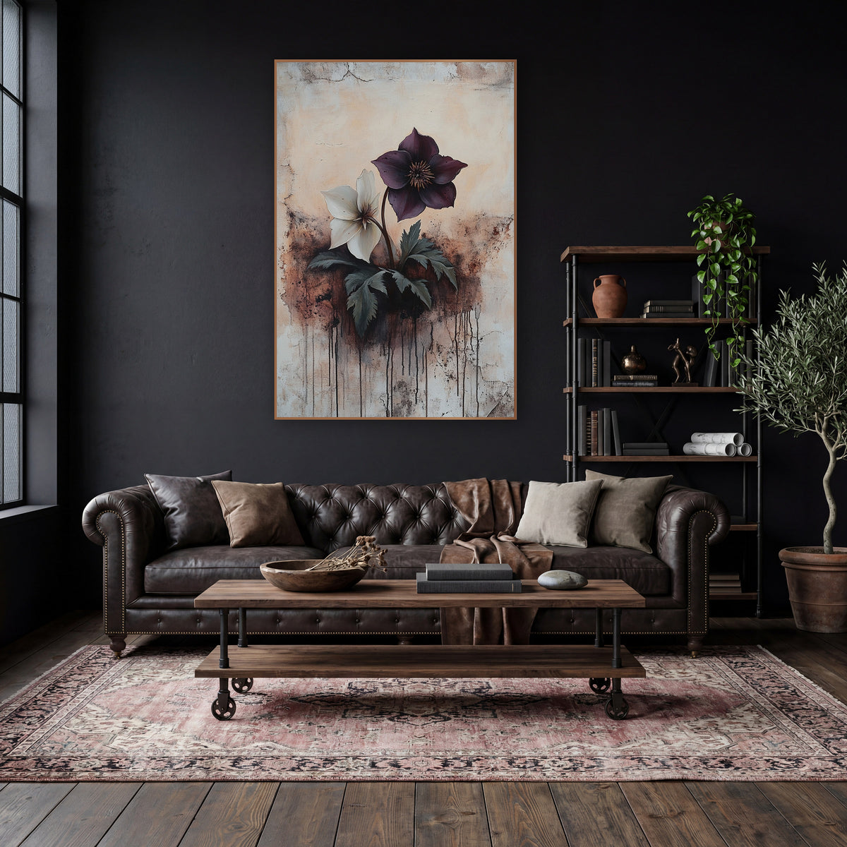 Plum and Cream Hellebore Botanical wall art in a moody dark academia room – plum and cream hellebore flowers