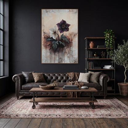 Plum and Cream Hellebore Botanical wall art in a moody dark academia room – plum and cream hellebore flowers