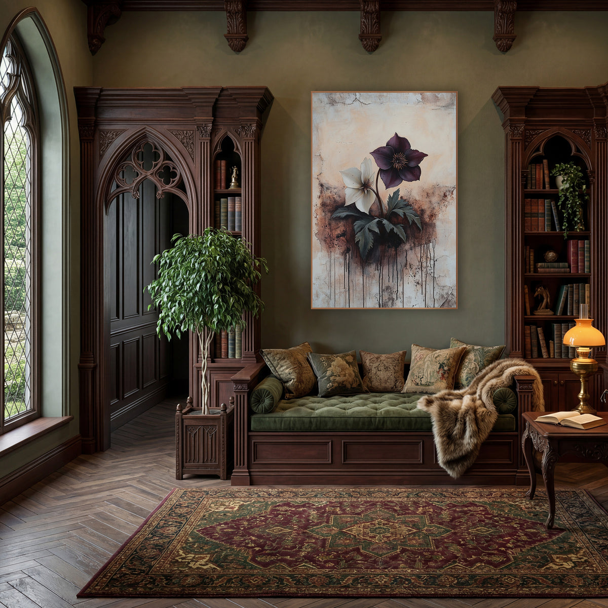 Plum and Cream Hellebore Botanical wall art in a moody dark academia room – plum and cream hellebore flowers
