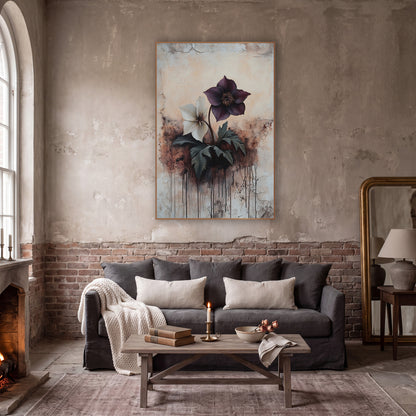 Plum and Cream Hellebore Botanical wall art in a moody dark academia room – plum and cream hellebore flowers