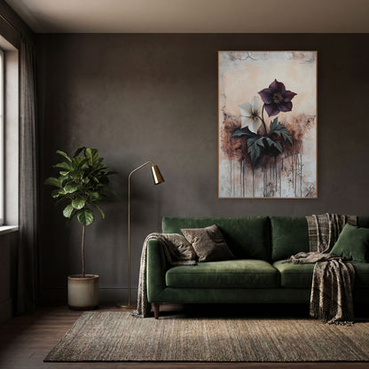 Plum and Cream Hellebore Botanical wall art in a moody dark academia room – plum and cream hellebore flowers