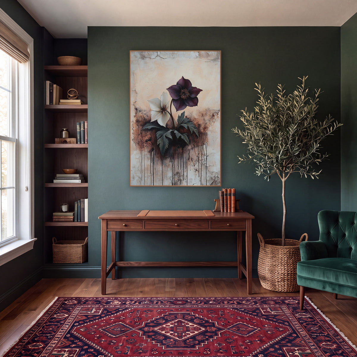 Plum and Cream Hellebore Botanical wall art in a moody dark academia room – plum and cream hellebore flowers
