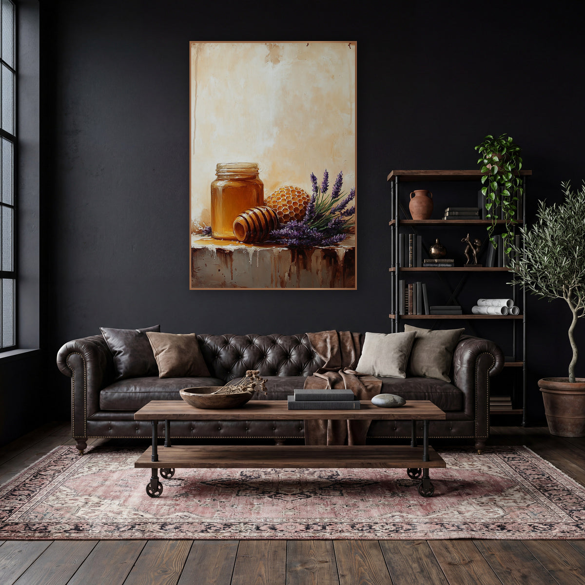 Honey Jar Shelf Rustic wall art in a moody dark academia room – still life of a honey jar, wooden dipper, honeycomb