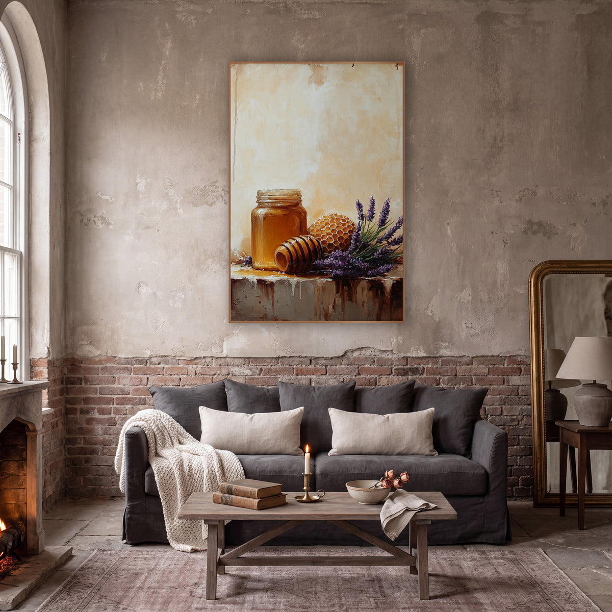 Honey Jar Shelf Rustic wall art in a moody dark academia room – still life of a honey jar, wooden dipper, honeycomb
