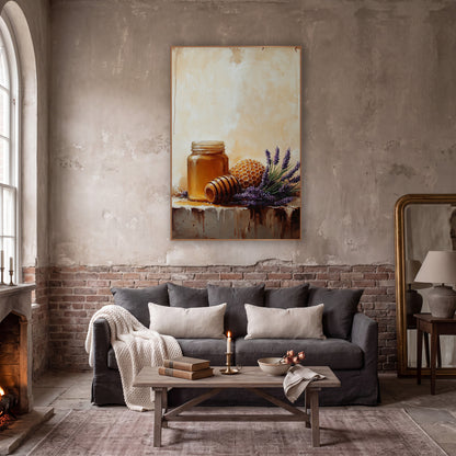 Honey Jar Shelf Rustic wall art in a moody dark academia room – still life of a honey jar, wooden dipper, honeycomb