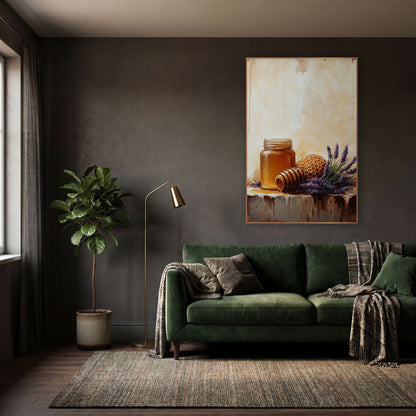 Honey Jar Shelf Rustic wall art in a moody dark academia room – still life of a honey jar, wooden dipper, honeycomb