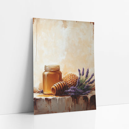 Honey Jar Shelf Rustic art print leaning against a white wall – still life of a honey jar, wooden dipper, honeycomb