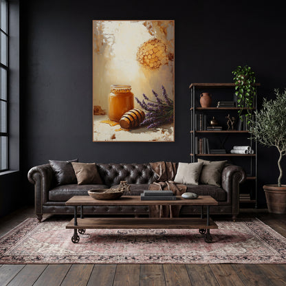 Sunlit Honeycomb Lavender Farmhouse wall art in a moody dark academia room – still life of an amber honey jar, wooden
