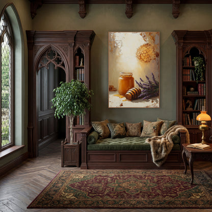 Sunlit Honeycomb Lavender Farmhouse wall art in a moody dark academia room – still life of an amber honey jar, wooden