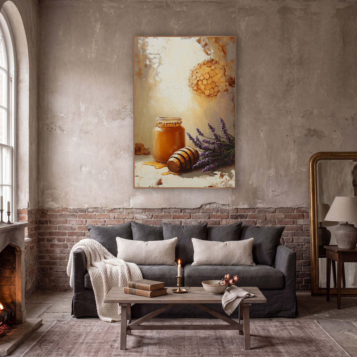 Sunlit Honeycomb Lavender Farmhouse wall art in a moody dark academia room – still life of an amber honey jar, wooden
