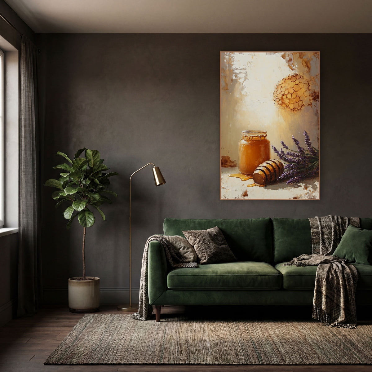Sunlit Honeycomb Lavender Farmhouse wall art in a moody dark academia room – still life of an amber honey jar, wooden
