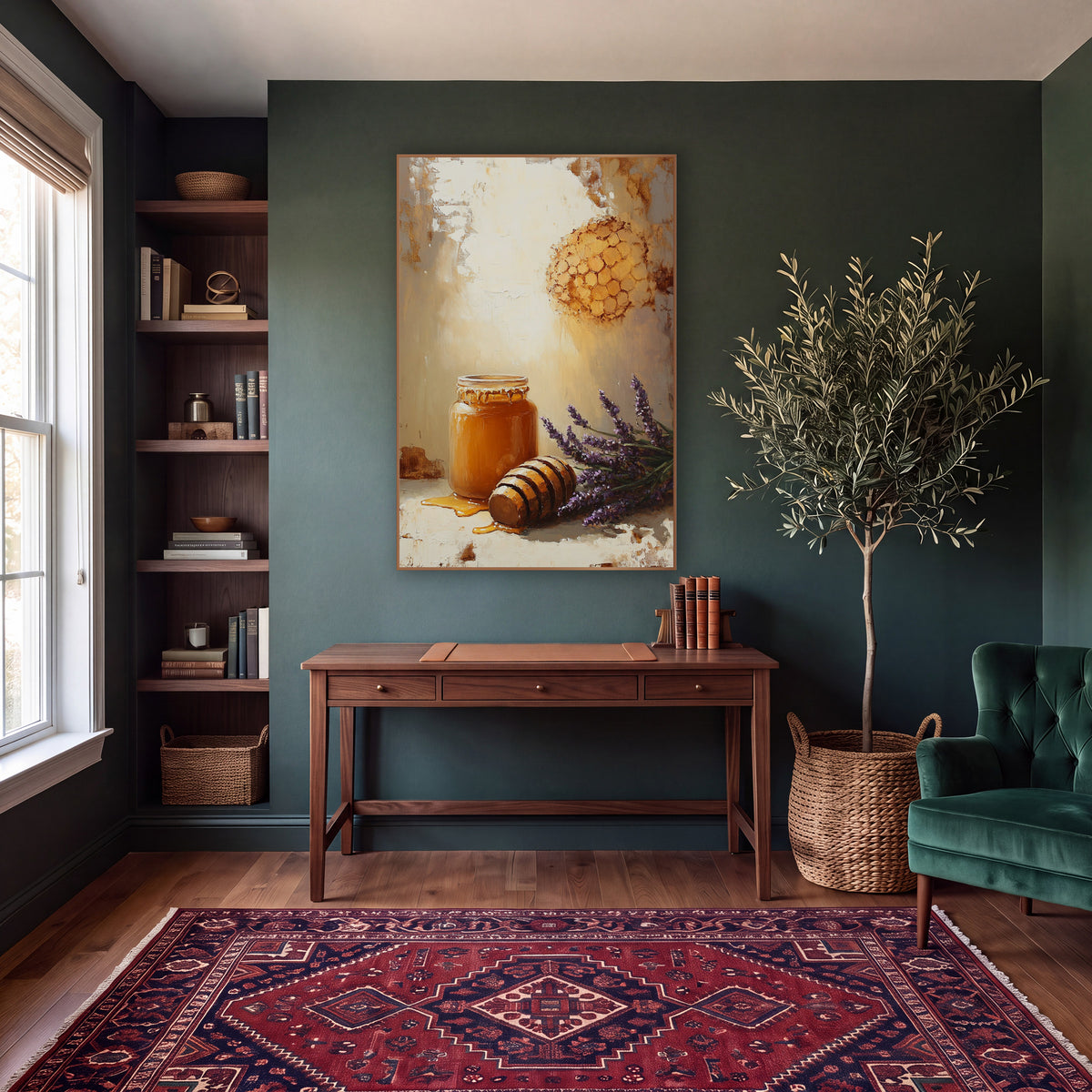 Sunlit Honeycomb Lavender Farmhouse wall art in a moody dark academia room – still life of an amber honey jar, wooden