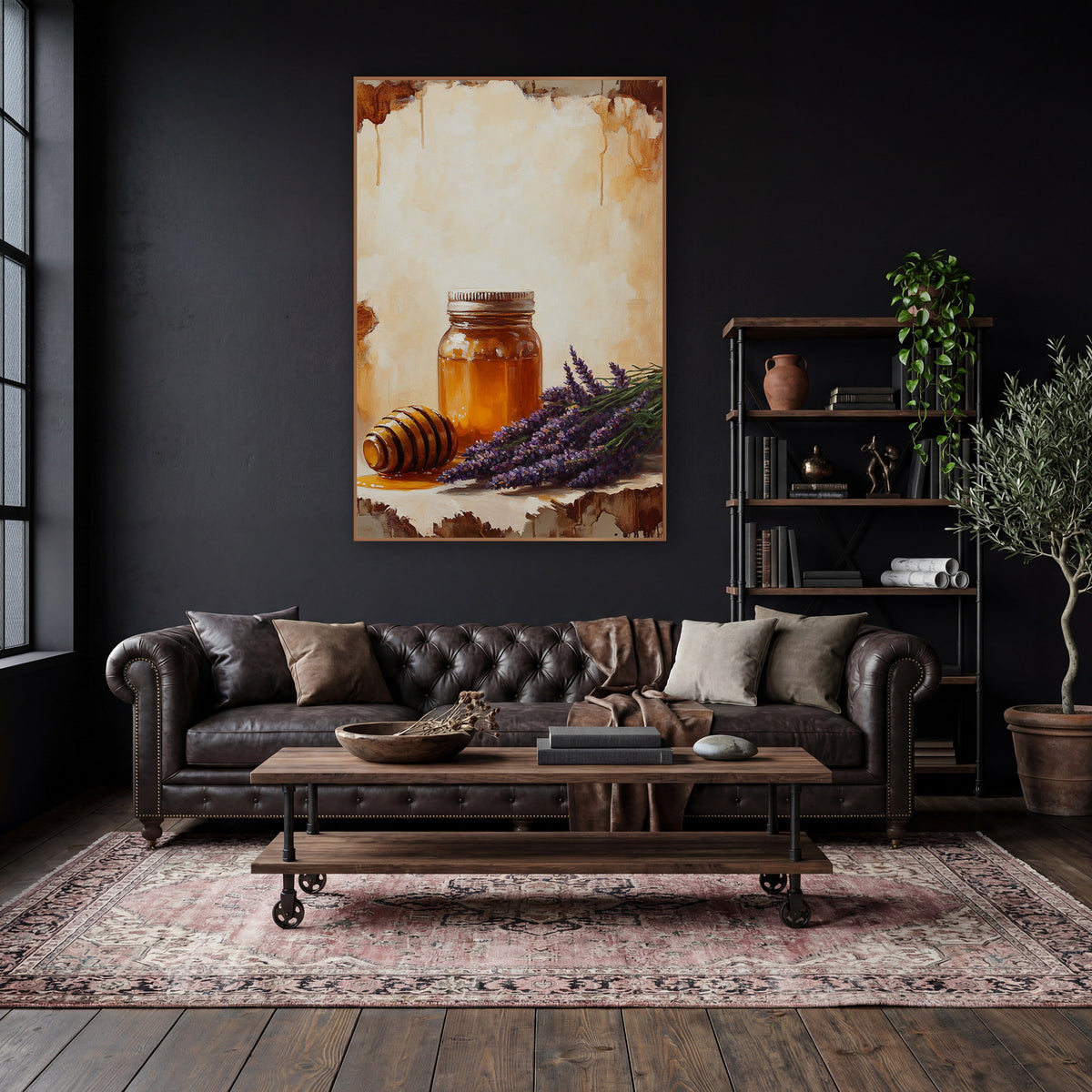 Amber Honey Jar Lavender Still Life wall art in a moody dark academia room – still life of an amber honey jar