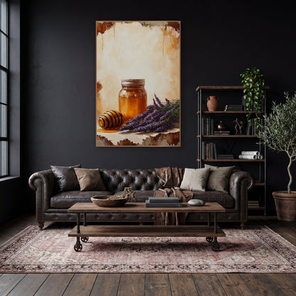 Amber Honey Jar Lavender Still Life wall art in a moody dark academia room – still life of an amber honey jar