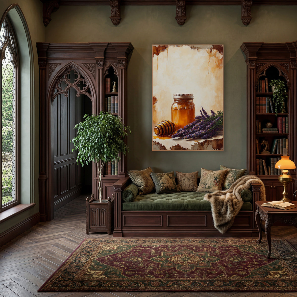 Amber Honey Jar Lavender Still Life wall art in a moody dark academia room – still life of an amber honey jar